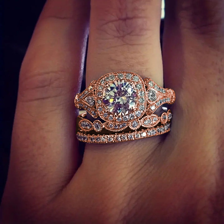 Vintage Milgrain Halo 3-Piece Bridal Ring Set, Solid S925 Silver 3-Tone Heavy Stackable Engagement Band Set