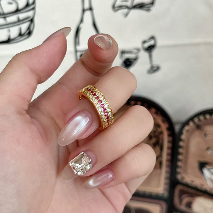 Three-Layer Color Contrast Paved Diamond Open Ring, Adjustable Thin Band Colorful Diamond Statement Ring