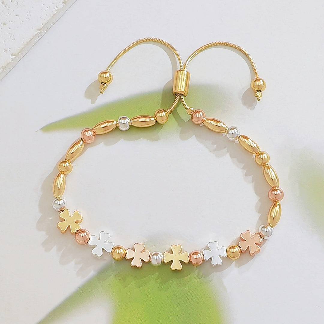Tri‑Color Metal Beaded Adjustable Bracelet, Heart/Star/Four‑Leaf Clover Styles