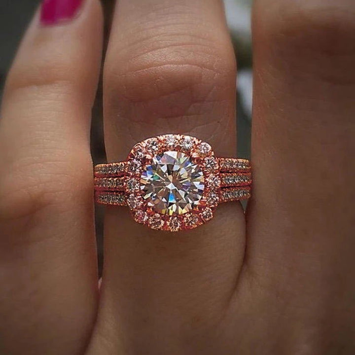 Double Halo Round Diamond Triple Row Band Ring Set, Luxury Center Stone Full Paved Engagement Ring, Gold Silver Rose Gold Three Tones Available