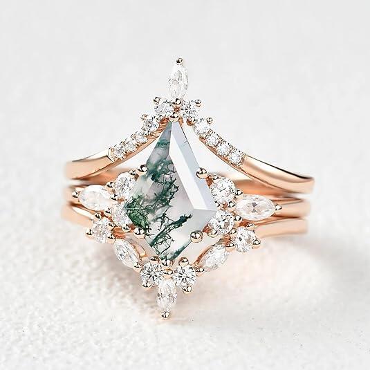 Kite‑Cut Moss Agate Three‑Piece Stackable Ring Set, Three‑Color Options