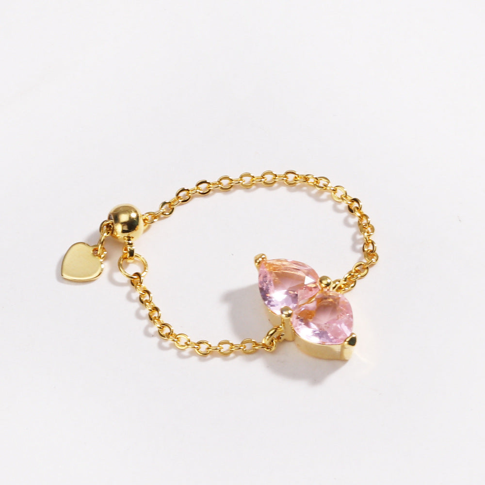 Two Hearts Joined Diamond Adjustable Chain Ring (Multi-Color Delicate Statement Band)