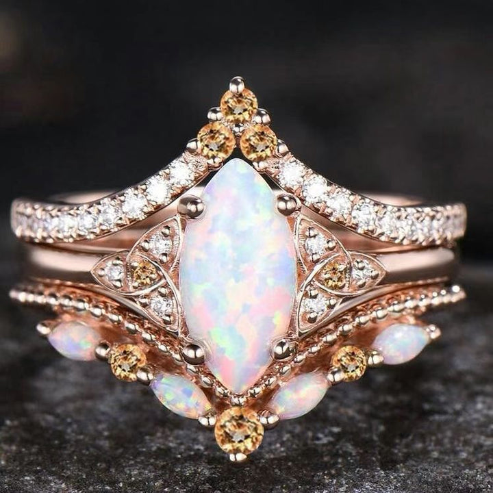 Marquise Opal Crown 3-Piece Stackable Ring Set, 3-Tone Vintage Luxury Paved Wedding Engagement Ring Set for Women