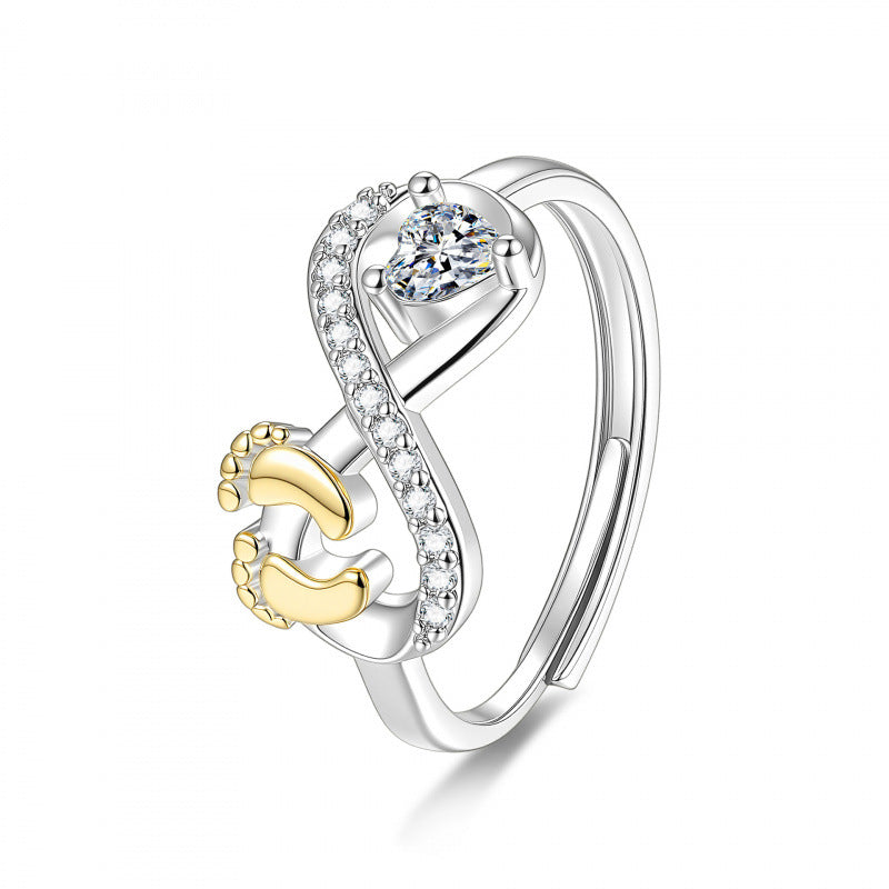 S925 Silver Heart Diamond Baby Footprint Open Ring (Luxury Memorial Band)