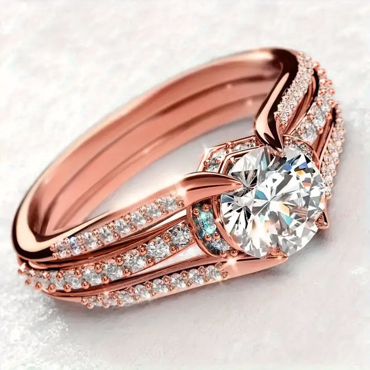 S925 Silver Twisted Shank Round Stone Ring Set, Luxury Split Band Engagement Stackable Ring Set