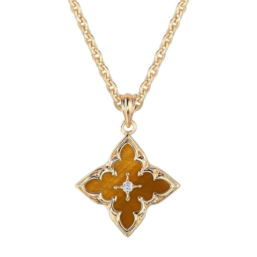 Vintage Four-Leaf Clover Gemstone Necklace, S925 Sterling Silver Multi-Stone Rhombus Pendant Jewelry