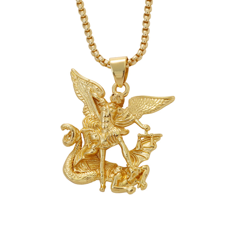 Archangel Defeating Dragon 3D Relief Pendant Necklace, 3‑Tone Vintage Heavy‑Craft Men’s Box‑Chain Necklace
