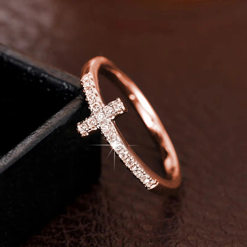 Side Paved Diamond Cross S925 Silver Thin Ring, Minimalist Diamond Band Available in 3 Tones