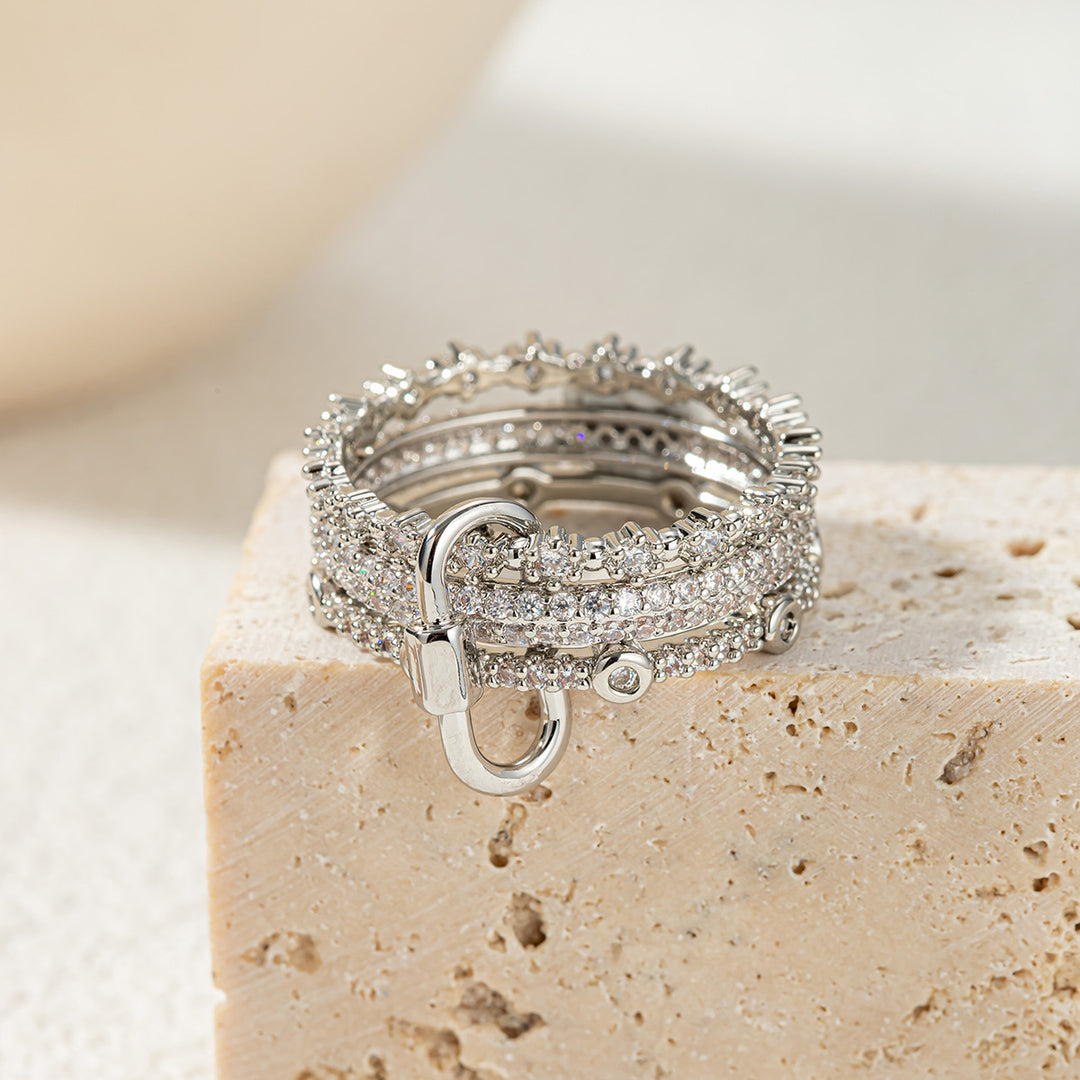 Multi-Layer Lock Paved Diamond S925 Silver Stackable Ring, Luxury Horseshoe Buckle Band Available in 2 Tones