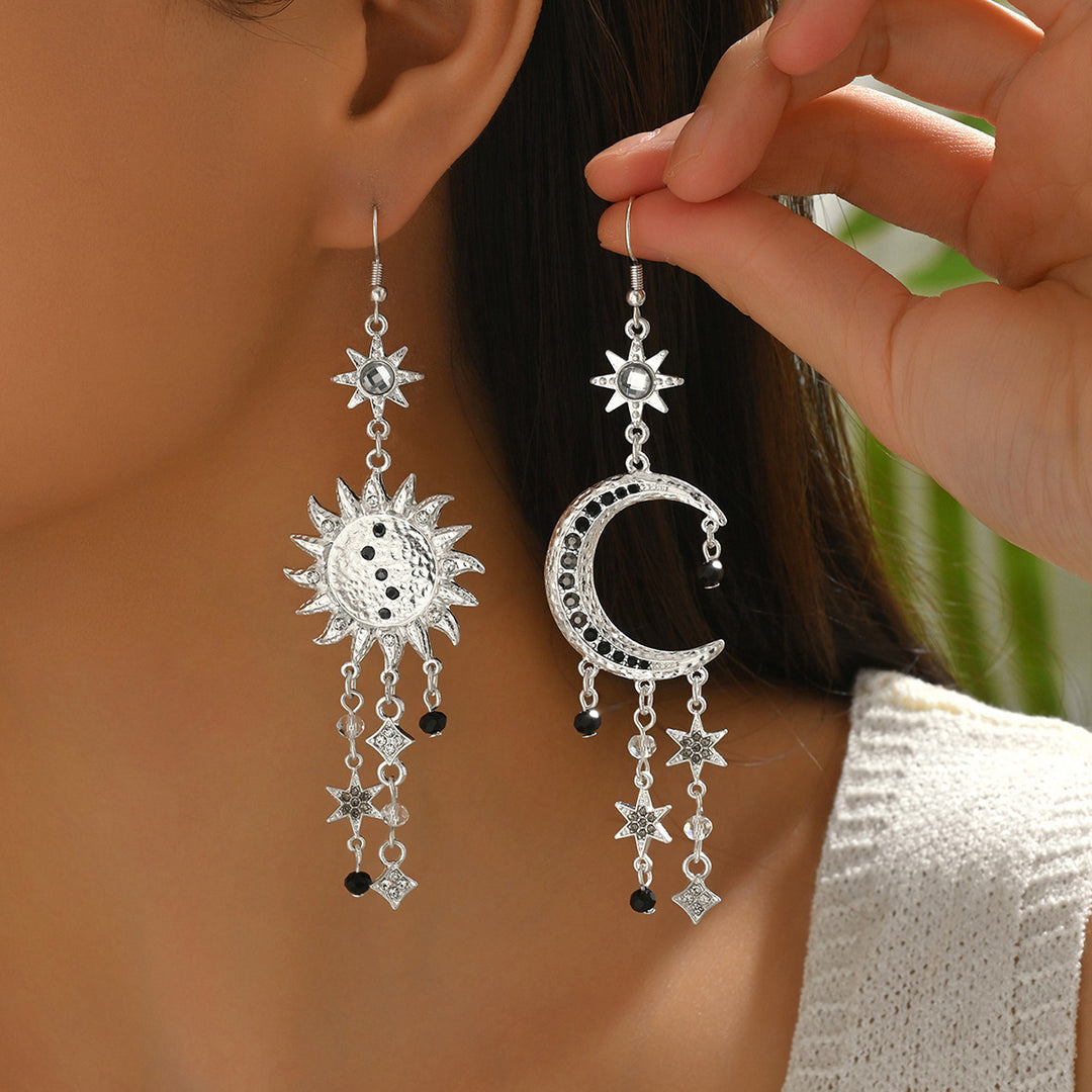 Asymmetric Sun & Moon Star Tassel S925 Silver Hook Earrings, Vintage Long Dangle Earrings with Stars & Gems, Gold / Silver / Antique Bronze Three Tones