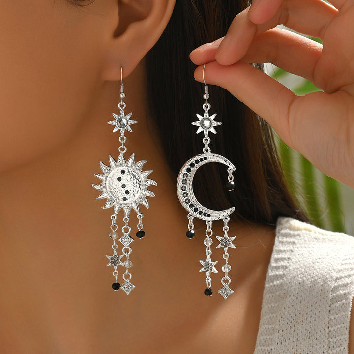 Asymmetric Sun & Moon Star Tassel S925 Silver Hook Earrings, Vintage Long Dangle Earrings with Stars & Gems, Gold / Silver / Antique Bronze Three Tones