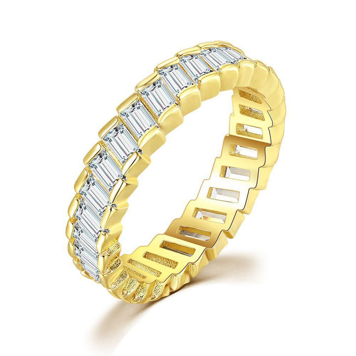 Baguette Chain Link Eternity Ring, 3 Colors Full Diamond Hollow Band For Women