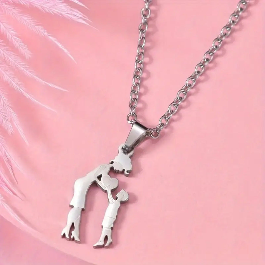 Mother & Kids Silhouette Pendant Necklace, 316L Titanium Steel Silver Plated Family Keepsake Necklace, Multiple Figures, Gold & Silver Family Jewelry