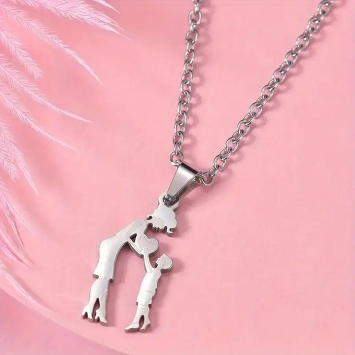 Mother & Kids Silhouette Pendant Necklace, 316L Titanium Steel Silver Plated Family Keepsake Necklace, Multiple Figures, Gold & Silver Family Jewelry