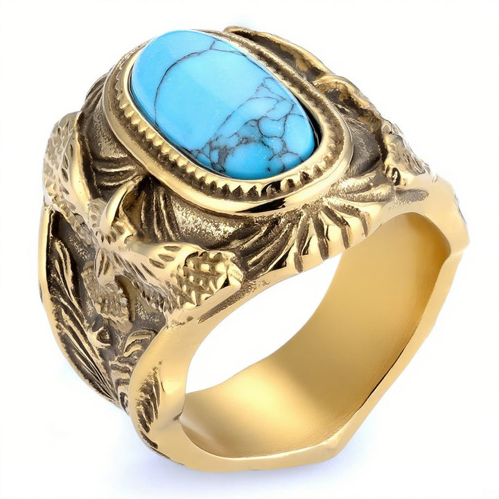 Western Style 3D Eagle Embossed Oval Gemstone Signet Ring, S925 Silver 3 Finishes Turquoise & Tiger Eye Vintage Wide Band For Men
