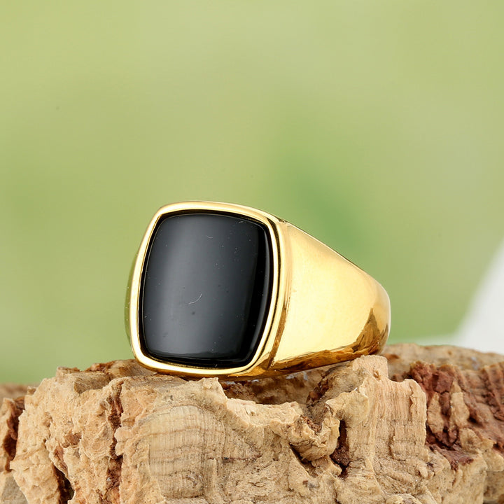 Square Cabochon Stone Bezel Men Signet Ring, Gold Silver Onyx Tiger Eye Vintage Band