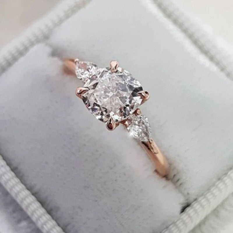 Three‑Diamond Cushion‑Cut Engagement Ring, Three‑Tone Plating Options