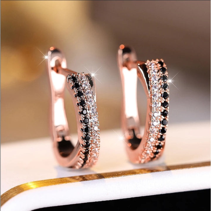 Black‑White Contrast Double‑Row Diamond Huggie Earrings, 3‑Color Options