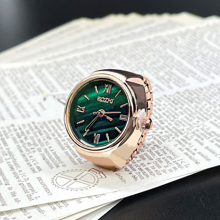 S925 Silver Vintage Watch Ring, Malachite‑Green Dial Roman Numeral Functional Wrist‑Watch‑Style Ring