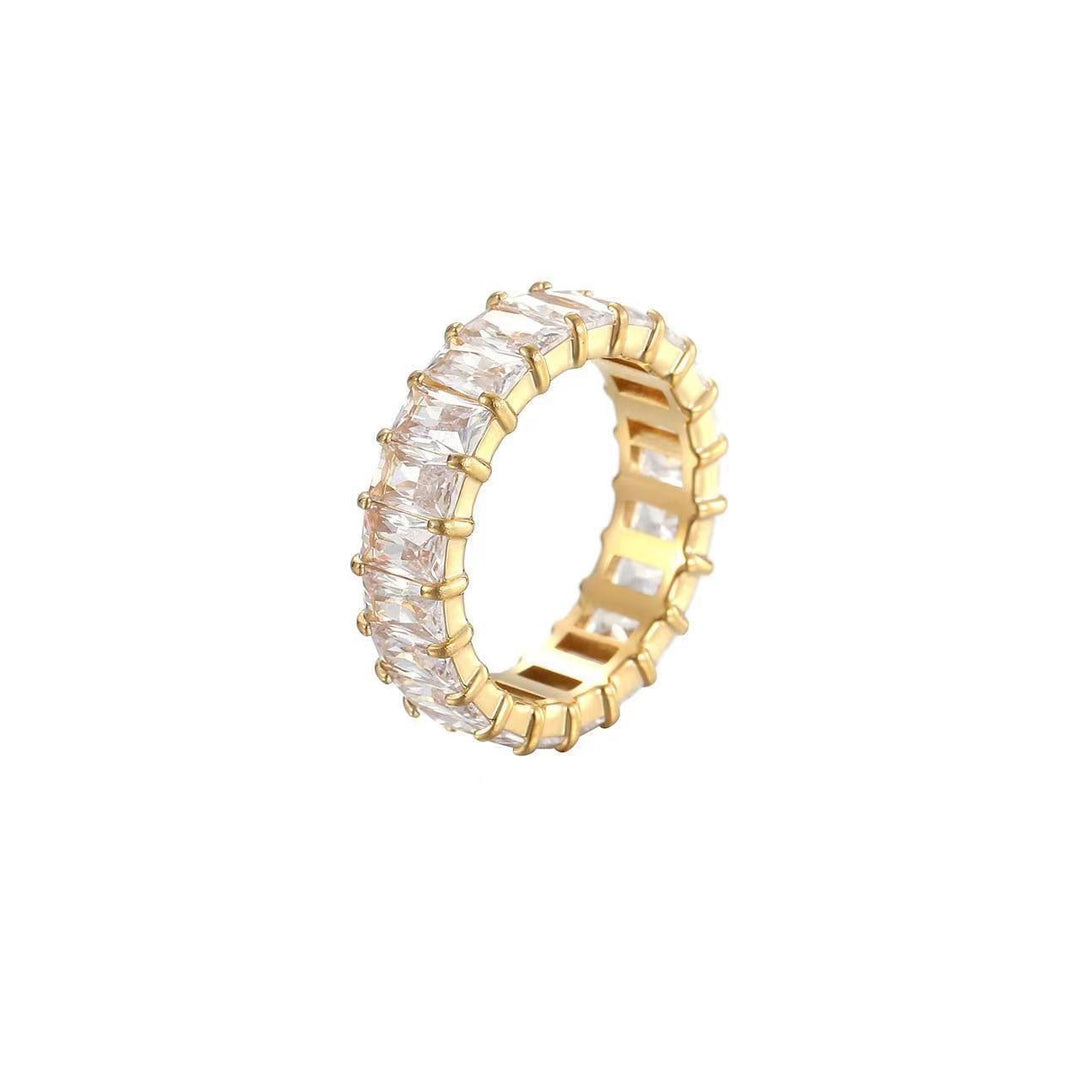 Baguette Cut Full Eternity Ring, Multi-Color Paved Diamond Gold & Silver Luxury Stackable Band