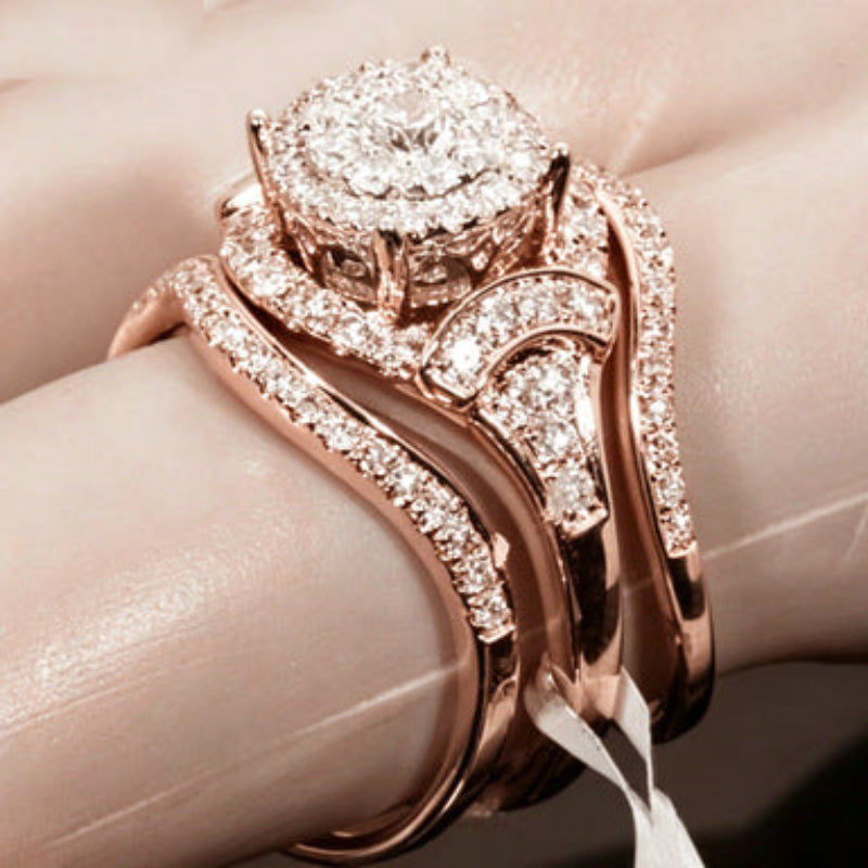 Three‑Tone Round‑Center Halo Wave 3‑Piece Ring Set