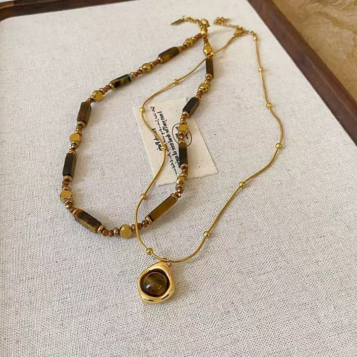 Vintage Tiger Eye Stackable Necklace Set, Mead Style Natural Stone Beaded Choker, Detachable Double Layer Necklaces