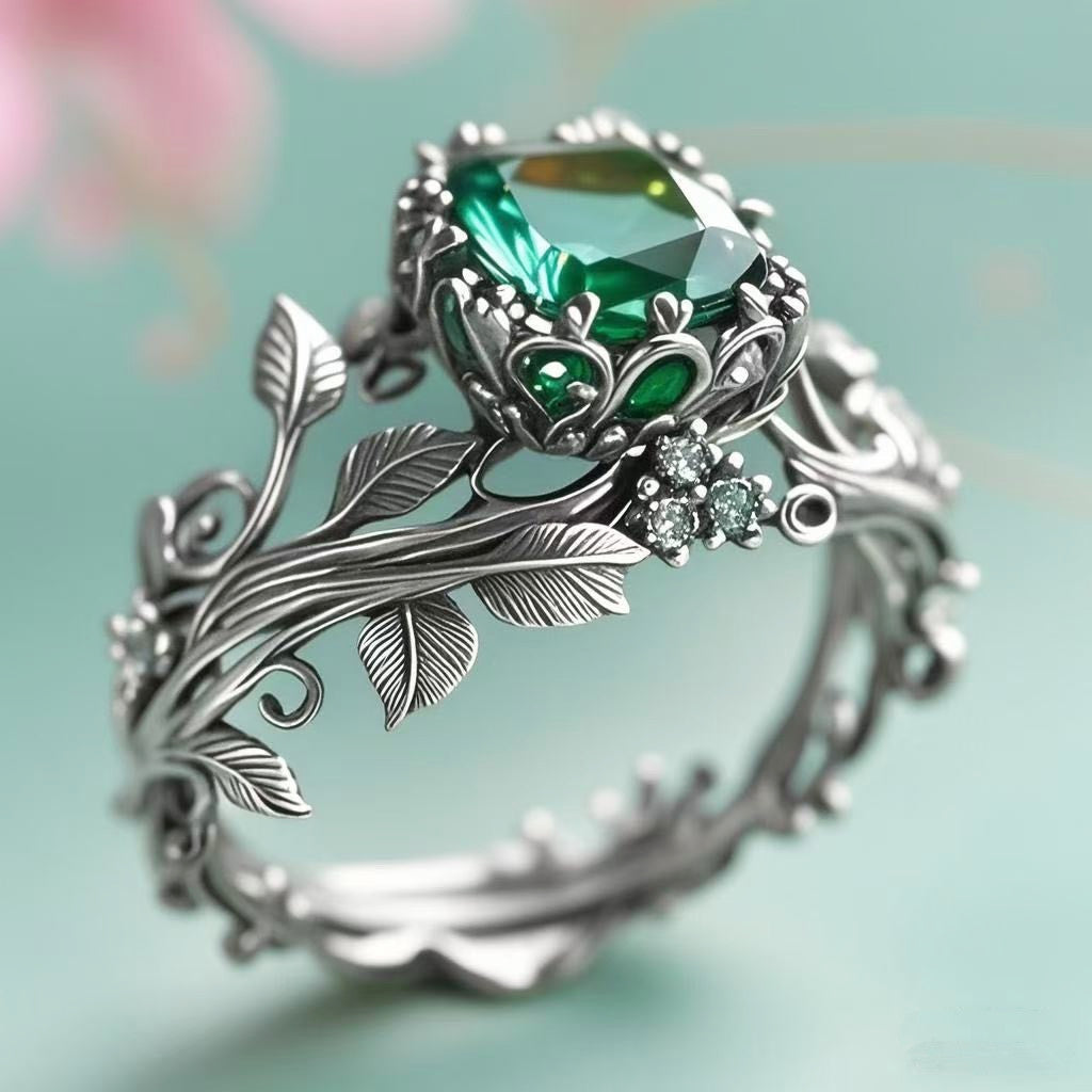 Vintage Forest Vine Emerald Ring, Openwork Leaf Carved Green Gem Band Gold Silver Black Gothic Botanical Statement Jewelry