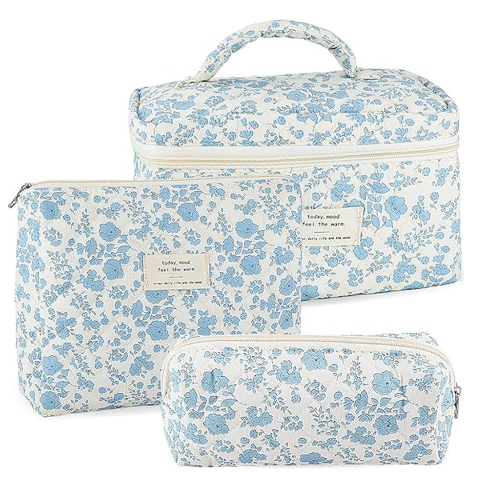 Floral Quilted 3-Piece Makeup Bag Set, Large Capacity Handheld Cosmetic Bag Portable Storage Pouch & Pencil Case Kit