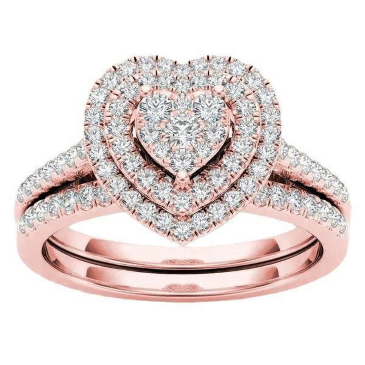 Double Heart Cluster Diamond Ring Two-Piece Set, European Luxury Engagement Wedding Ring Set Full Pave Heart Band for Women