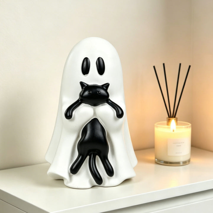 Ghost With Interchangeable Black Cat Figurine, Halloween Home Decor