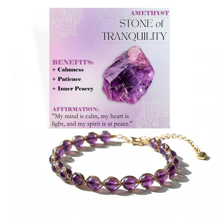 Hand‑Wrapped Natural Crystal Bracelet With Heart‑Shaped Extender, 4 Colors Available