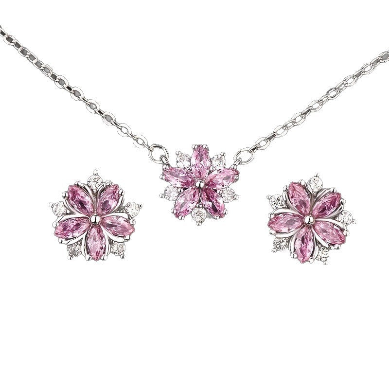 Pink Diamond Cherry Blossom Jewelry Set, Necklace Ring Earring 3‑Piece Kit