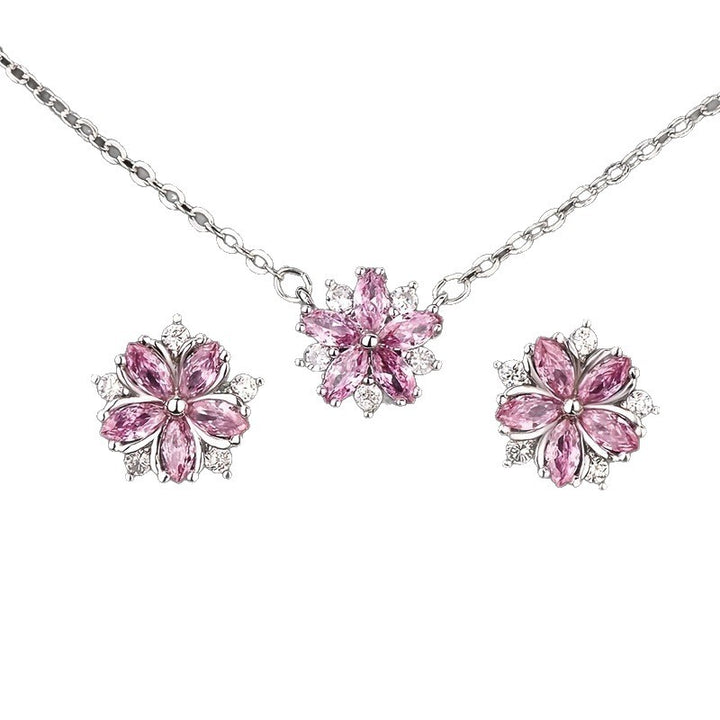 Pink Diamond Cherry Blossom Jewelry Set, Necklace Ring Earring 3‑Piece Kit