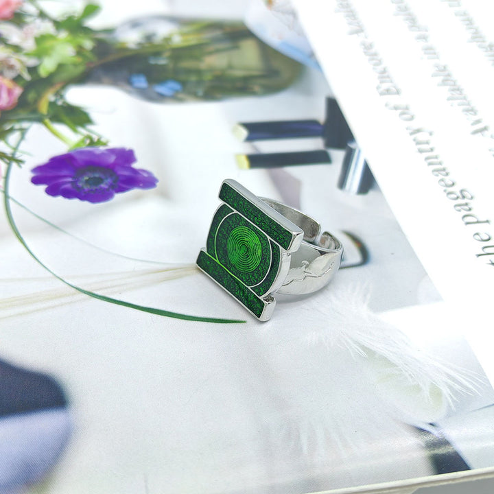 Geometric Green Enamel Open Ring