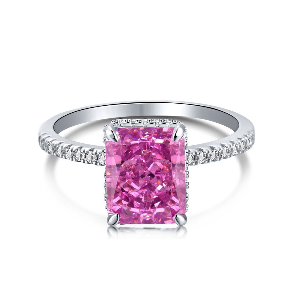 Radiant Cut Rectangular Gemstone Four-Prong Ring, Paved Shank Luxury Engagement Gem Band Multiple Colors