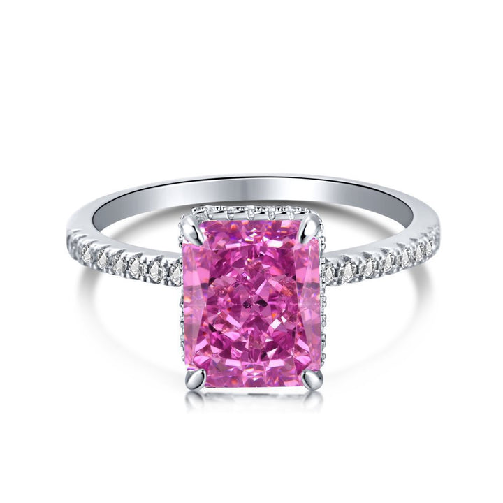 Radiant Cut Rectangular Gemstone Four-Prong Ring, Paved Shank Luxury Engagement Gem Band Multiple Colors