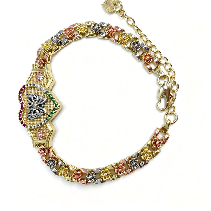 Tri‑Color Heart Butterfly Engraved Adjustable Bracelet