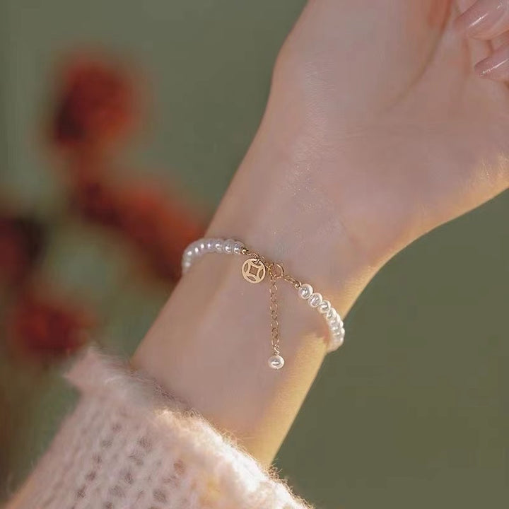 Soft Style Pearl Dainty Bracelets, Multi-Tone Peach/Tag/Coin/Red Bead/Green Jade Minimal Wrist Beads