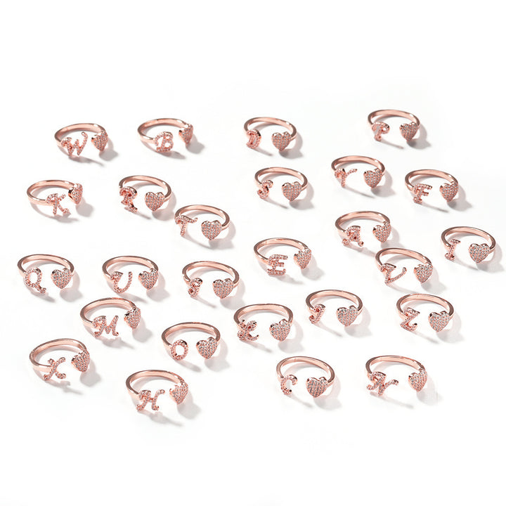 26 Letter Heart S925 Silver Open Ring, Paved Diamond Adjustable Letter Heart Band Available in 3 Tones