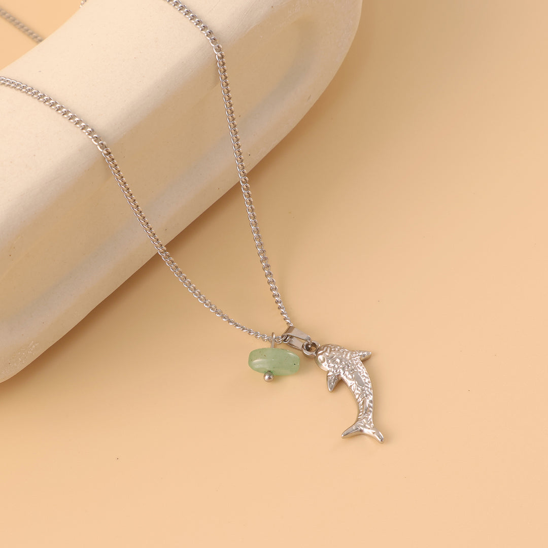 Textured Dolphin Natural Jade Collarbone Necklace, Pink Quartz & Green Aventurine, Gold & Silver Two-Tone Ocean Style Thin Chain