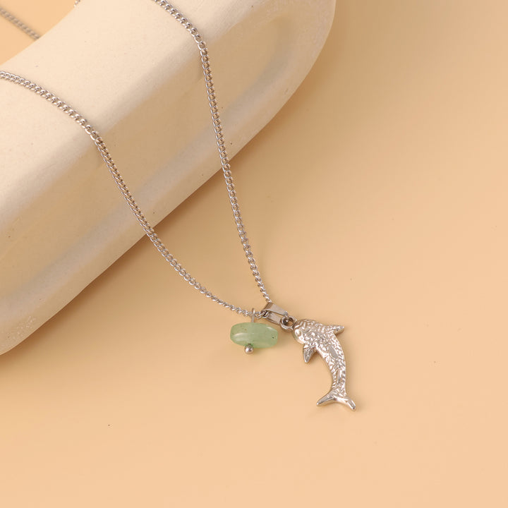 Textured Dolphin Natural Jade Collarbone Necklace, Pink Quartz & Green Aventurine, Gold & Silver Two-Tone Ocean Style Thin Chain