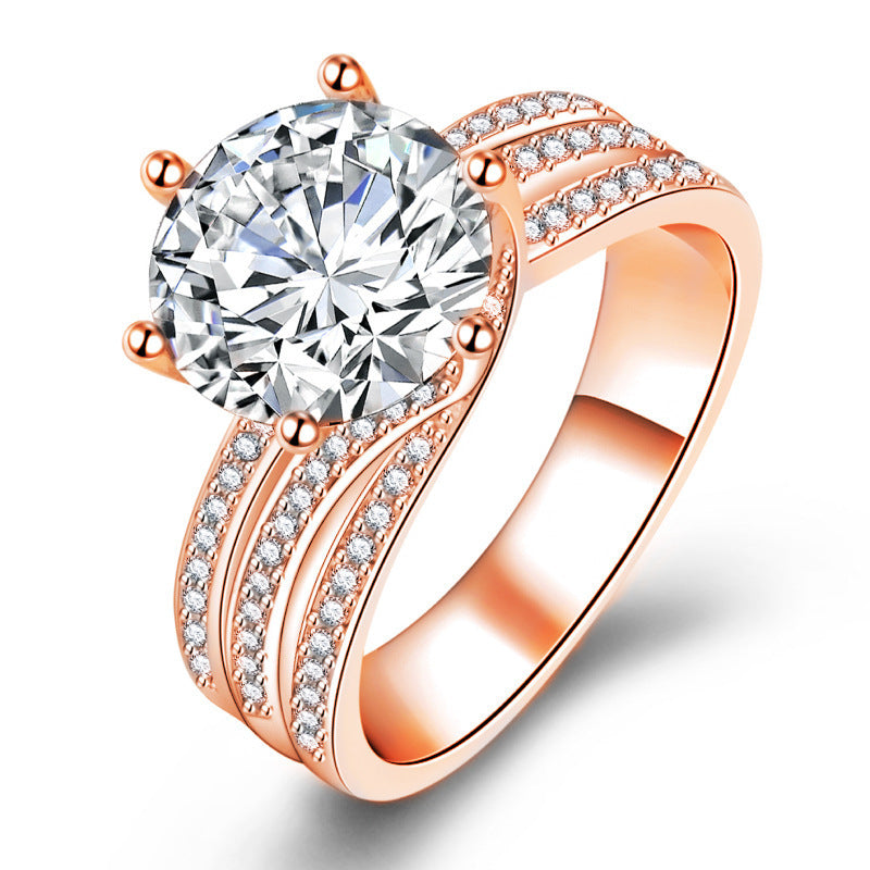 Six‑Prong Main Diamond Three‑Row Paved S925 Sterling Silver Ring, 3 Colors Available