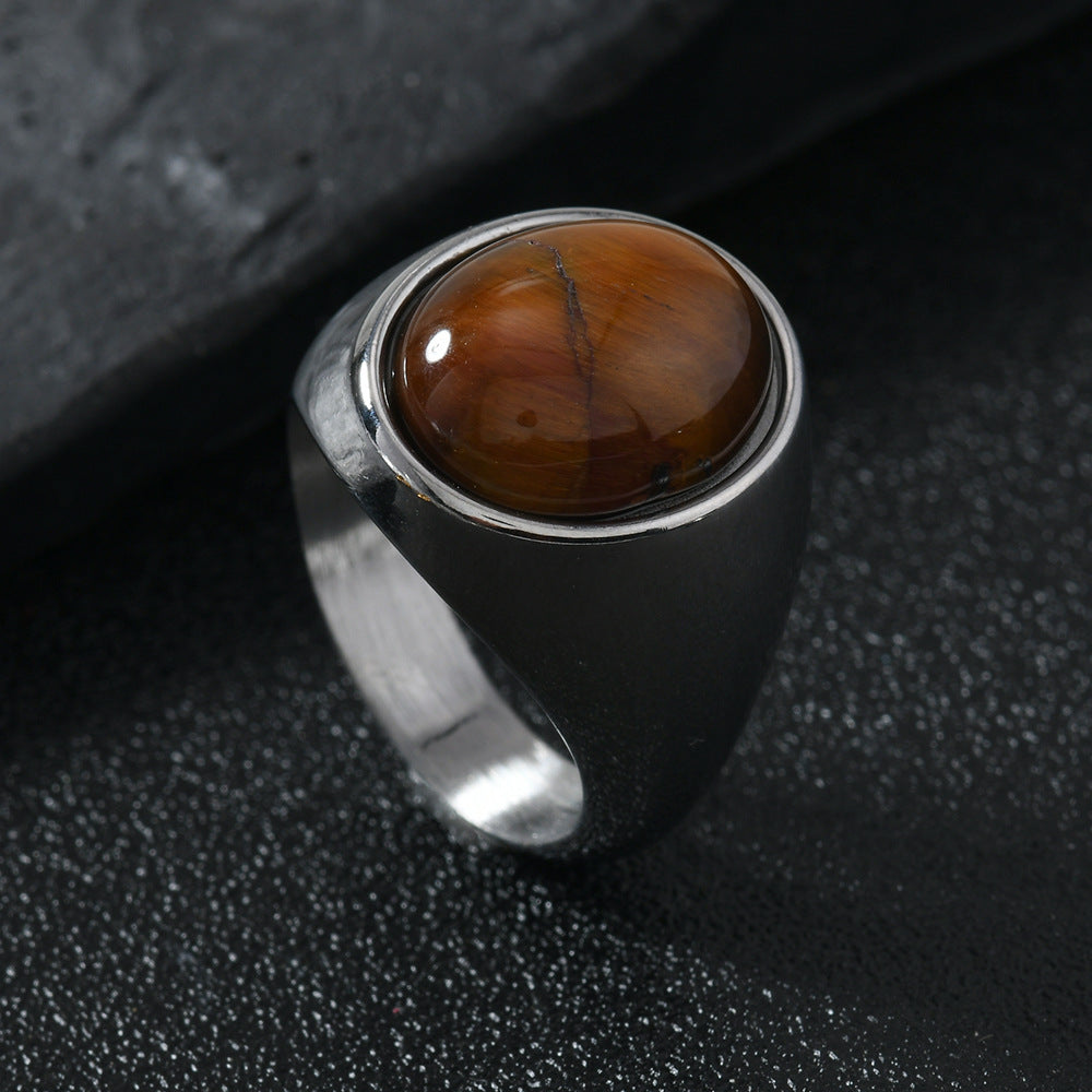 Cat's Eye Stone/Jade Wide Band Ring (Men's Vintage Texture Style)