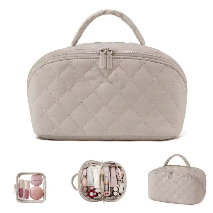 Quilted Grid Portable Large-Capacity Cosmetic Bag (Soft Pink Light Luxury Style Series)