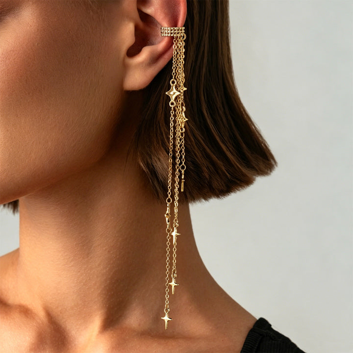 Multi-Style Long Tassel Non-Pierced Ear Cuffs, Various Chain Star & Bead Dangle Minimal Ear Clips in Gold & Silver