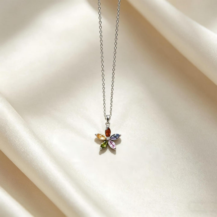 Marquise Diamond 5-Petal Flower Collarbone Necklace, Multi-color Dainty Floral Chain, Gold & Silver Two-Tone Elegant Ladies Jewelry
