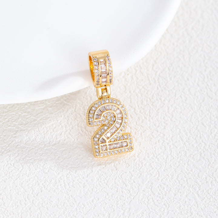Iced-Out Number Pendant Necklace (Gold Tone Hip-Hop Style Twisted Chain)
