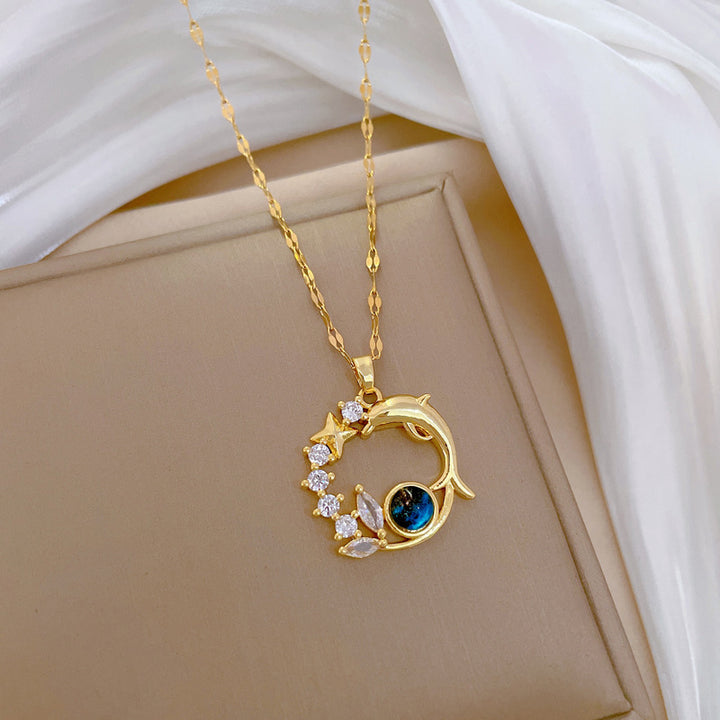 Starry Sky Series Necklace, Multi-Style Moon Star Planet Dolphin Paved Diamond Dainty Women Clavicle Chain