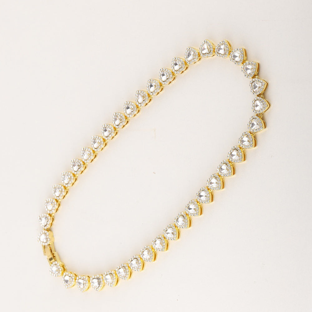 Full Paved Heart Chain Bracelet & Necklace Set, Sweet Style Dual-tone Heart Halo Diamond Matching Jewelry for Women & Couples