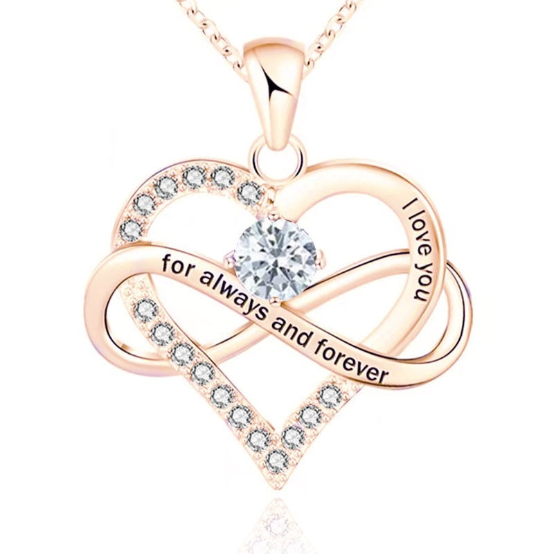 Infinity Intertwined Heart Engraved Birthstone Necklace, Eternal Love Heart Pendant Clavicle Chain with Birthstone